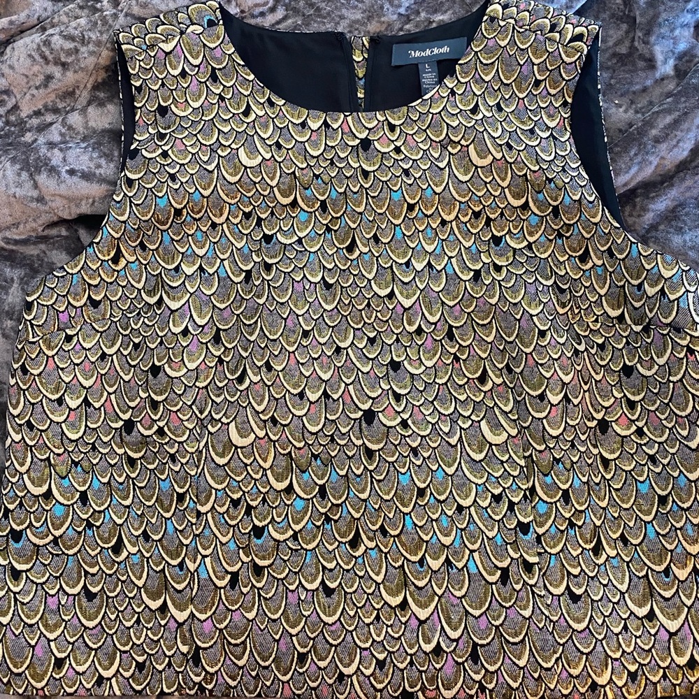 ModCloth Gold brocade feather top